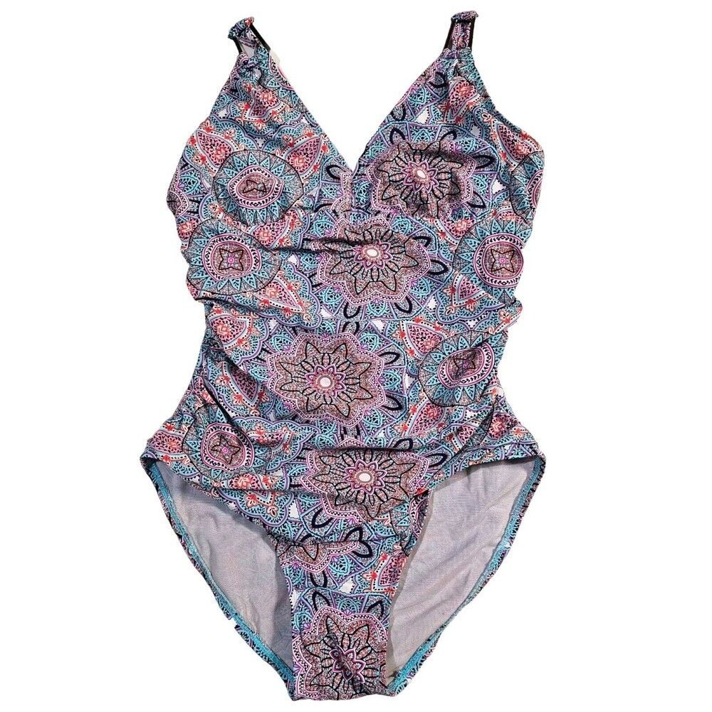 Spanx Assets Womens Small Turquoise Paisley Floral One Peice Swim Bathing Suit